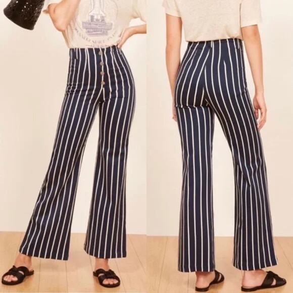 Reformation Pants - Reformation Bowie Capone High Waist Button Stripe Wide Leg Pants Blue Sz 4